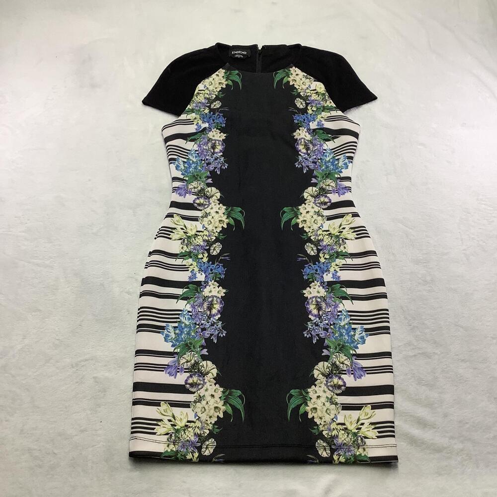Bebe Dress Womens Small Black Floral Stripe Bodycon Sheath Short Sleeve Mini
